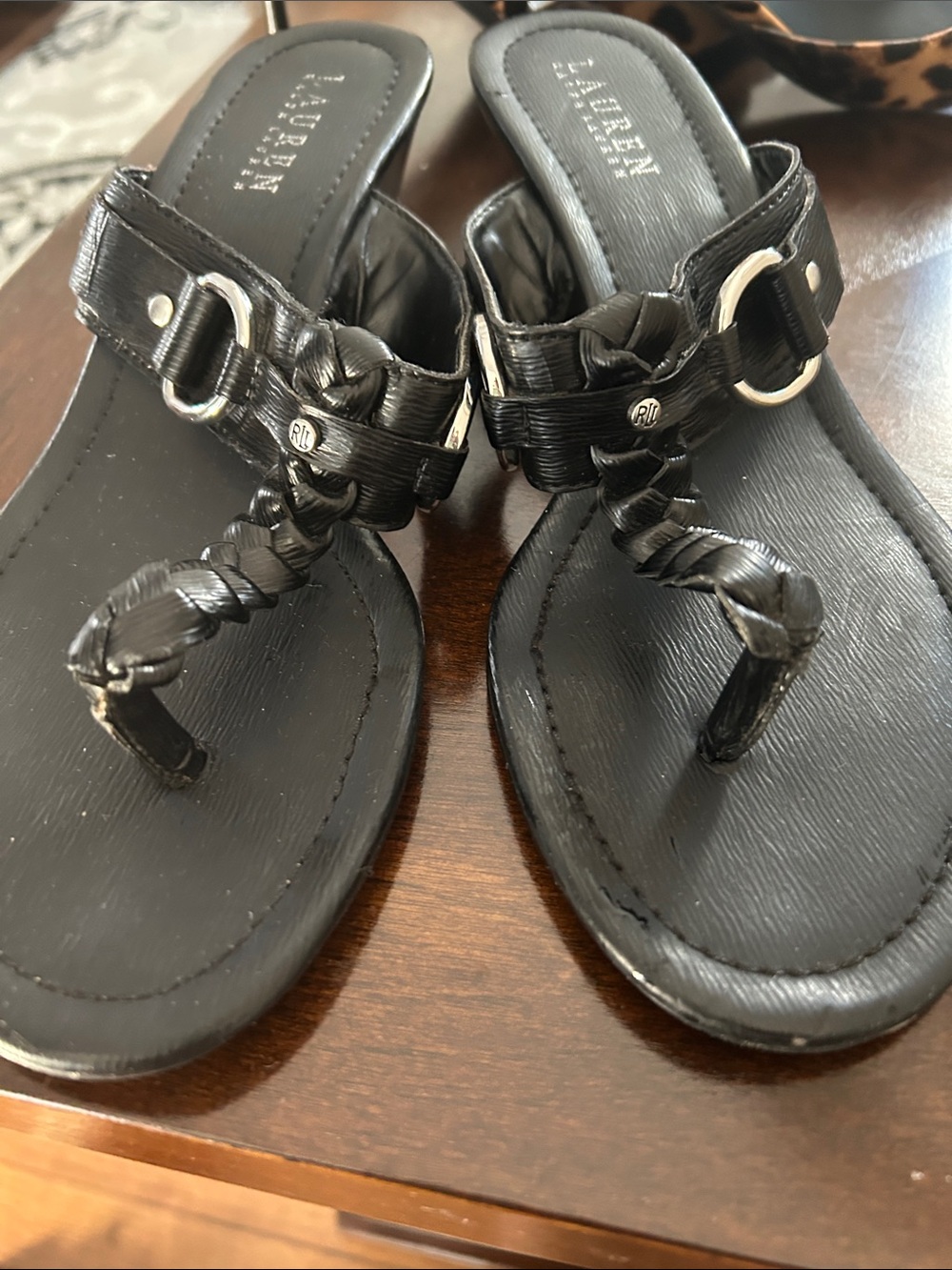 Lauren Ralph Lauren Black Braided Toe-Ring Sandals with Silver Accents